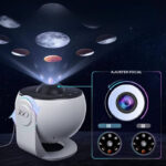 Interactive 3D planet projector with adjustable focus, HD and SD lens options, and multiple planetary projections for educational and space-themed decor.