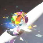 Brightly colored crystal prism reflecting light and creating rainbow patterns on a surface. Perfect for science experiments, educational toys, and decorative science decor.