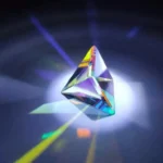 A colorful, faceted diamond-shaped prism reflecting and dispersing light into vibrant rainbow colors on a dark background.