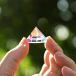 Hand holding a clear, multi-faceted prism reflecting sunlight, with a blurred green background.
