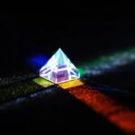 A transparent glass prism creating a colorful rainbow spectrum on a dark surface, demonstrating light refraction and dispersion.