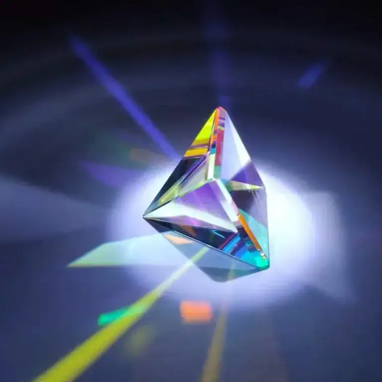 A colorful, faceted diamond-shaped prism reflecting and dispersing light into vibrant rainbow colors on a dark background.