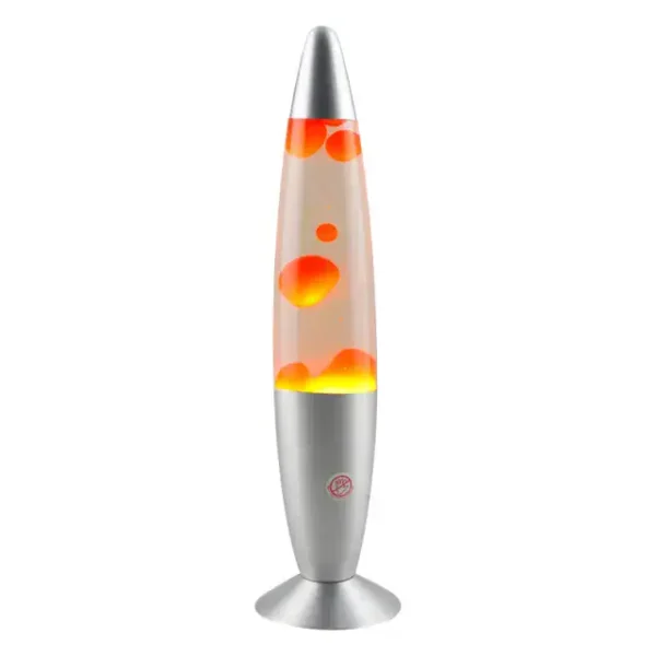 Modern lava lamp with colorful bubbles and metallic base, ideal for science decor and educational spaces.