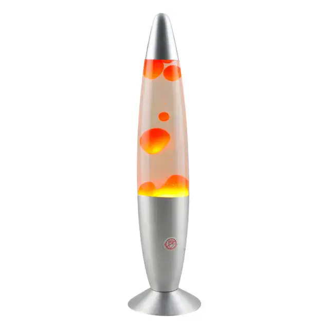 Modern lava lamp with colorful bubbles and metallic base, ideal for science decor and educational spaces.