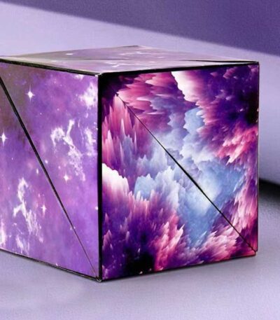 Colorful galaxy-themed decorative cube with cosmic cloud patterns.