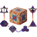 Vibrant geometric science toys including a cube, pyramids, and star-shaped structures with swirling, colorful patterns for educational and STEM activities.