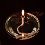 Miniature candle with a flickering flame inside a clear glass container, showcasing a simple yet captivating science demonstration of combustion and light.