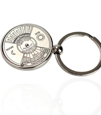 Metal keychain featuring a circular Sun and Moon calendar with detailed date and time markings, ideal for educational purposes and science enthusiasts.