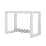 Classic Newton's Cradle with five metal balls demonstrating physics principles of momentum and energy transfer.