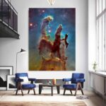 Astronomical nebula displayed in a modern living room.