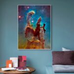 A stunning image of a colorful space nebula featuring vibrant hues of blue, orange, and purple, perfect for science-themed decor.