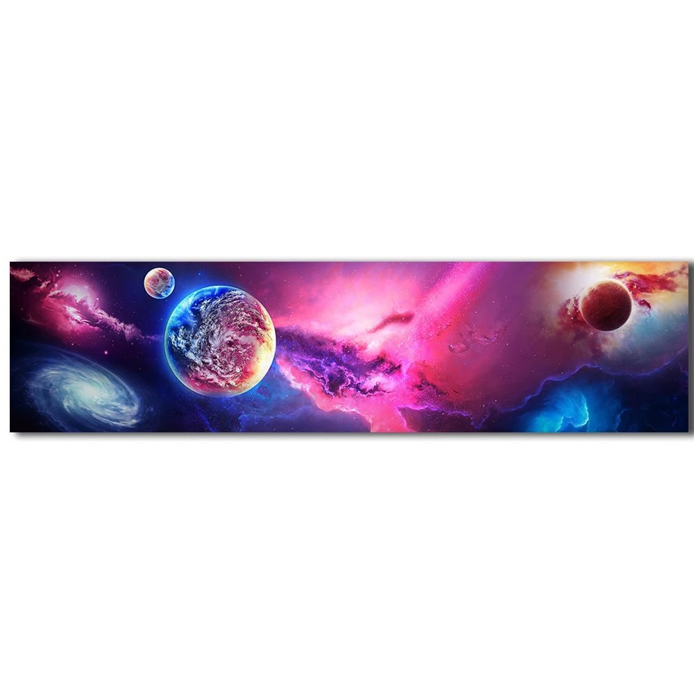 Vibrant cosmic space scene featuring planets, nebulae, and galaxies in vivid colors, perfect for science decor and educational displays.