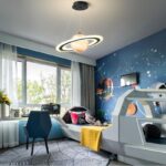 Futuristic space-themed bedroom with a spaceship bed, planetary wall art, and science decor elements. Perfect for inspiring young scientists and space enthusiasts.