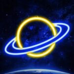 Neon art of a glowing yellow sun with blue rings representing planetary orbits against a starry space background.