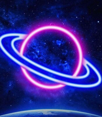 Vibrant neon-lit space planet with glowing rings against a starry galaxy background, perfect for science-themed decor and educational displays.