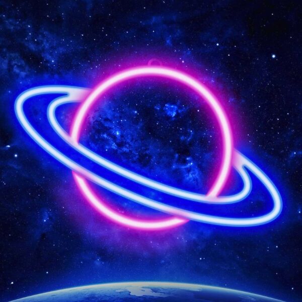 Vibrant neon-lit space planet with glowing rings against a starry galaxy background, perfect for science-themed decor and educational displays.