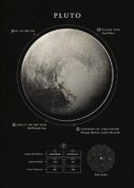 Detailed infographic of Pluto, the dwarf planet, showing its size, orbit, atmosphere, and solar system position with scientific data and visual representation.