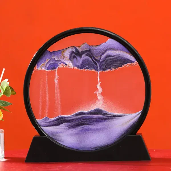 Mesmerizing magnetic fluid art inside a circular frame with vibrant purple and orange hues, creating dynamic swirling patterns.
