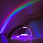 Rainbow LED light therapy lamp with vibrant colors illuminating a modern room setting. Perfect for science-themed decor and educational purposes.
