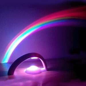 Colorful rainbow LED arc lamp illuminating a dark room, ideal for science-themed decor and educational displays.