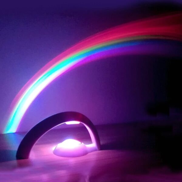 Colorful rainbow LED arc lamp illuminating a dark room, ideal for science-themed decor and educational displays.