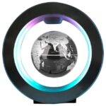 Modern globe with LED light ring displaying a black and white map of the world, perfect for educational and decorative purposes.