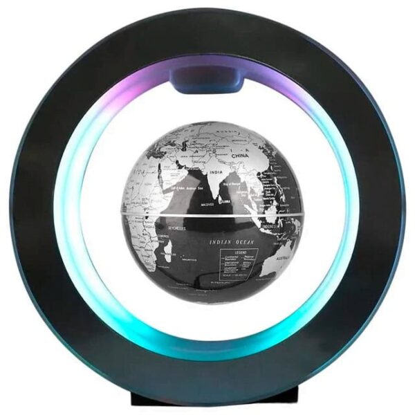 Modern globe with LED light ring displaying a black and white map of the world, perfect for educational and decorative purposes.