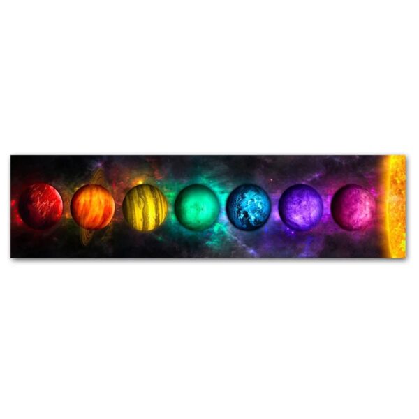 Vibrant planets aligned in a row representing the solar system with colorful, glowing effects against a dark cosmic background.