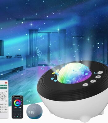 Colorful LED Star Projector with Remote, Smartphone App, and Speaker.