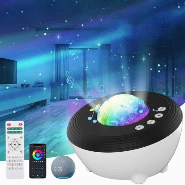 Colorful LED Star Projector with Remote, Smartphone App, and Speaker.