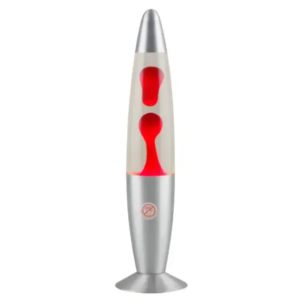 Modern lava lamp with silver base and red wax flowing inside, creating a mesmerizing visual effect. Perfect for science decor and educational displays.
