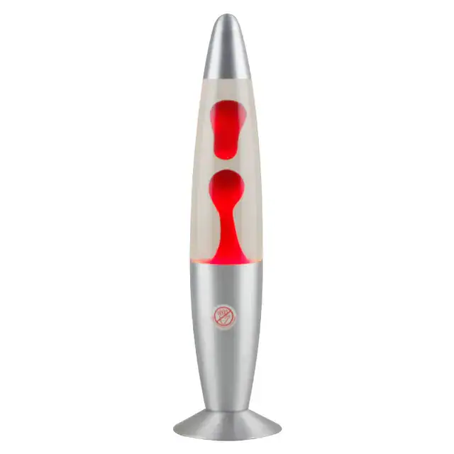 Modern lava lamp with silver base and red wax flowing inside, creating a mesmerizing visual effect. Perfect for science decor and educational displays.
