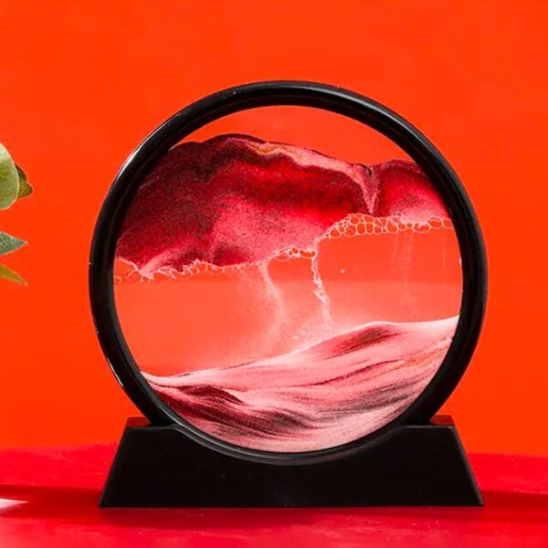 A mesmerizing lava lamp with flowing red and white wax inside a circular glass container, set against a vibrant orange background.