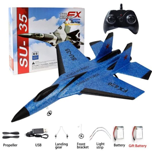 F-35 stunt flying RC jet model with remote control, landing gear, propeller, and batteries, ideal for educational and recreational use.