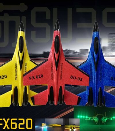 Colorful FX620 model rockets in yellow, red, and blue with black accents, displayed on a dark background, showcasing their sleek design and vibrant colors.