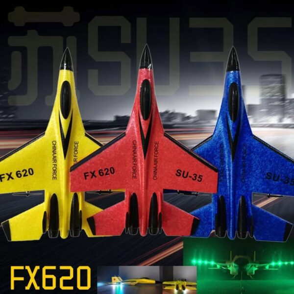 Colorful FX620 model rockets in yellow, red, and blue with black accents, displayed on a dark background, showcasing their sleek design and vibrant colors.