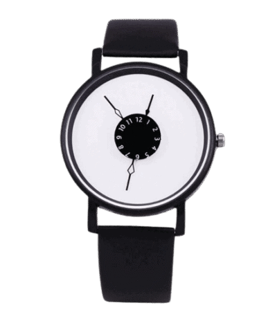 Modern minimalist wristwatch featuring a distinctive dial with a central rotating disc displaying hours and minutes, set against a plain background.