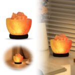 Salt lamp with Himalayan salt crystals, LED lighting, and a wooden base, creating a warm, ambient glow perfect for home decor and relaxation.