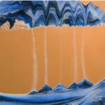 Educational water cycle model with blue mountains, clouds, and falling water droplets on an orange background, illustrating the process of evaporation, condensation, and precipitation.
