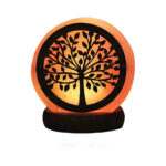 LED night light featuring a detailed Tree of Life silhouette, illuminated with warm orange glow, mounted on a wooden base for a natural aesthetic.