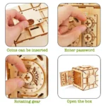 Educational wooden puzzle with coin insertion, gear rotation, and password lock features.