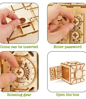 Educational wooden puzzle with coin insertion, gear rotation, and password lock features.