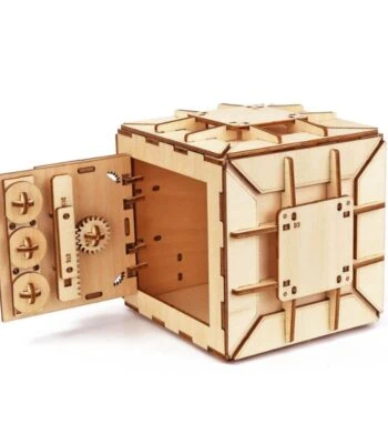 Wooden mechanical puzzle cube with gears and levers, ideal for STEM education and hands-on learning. Perfect for kids and adults to explore engineering concepts through interactive assembly.