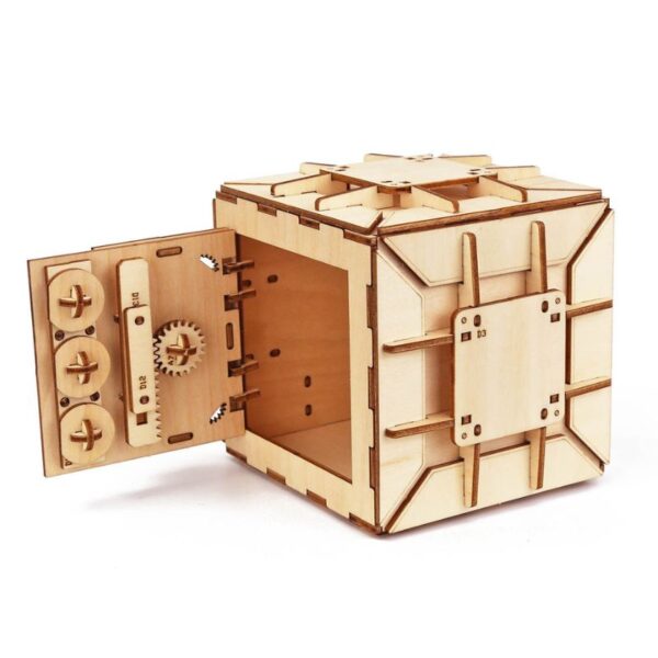 Wooden mechanical puzzle cube with gears and levers, ideal for STEM education and hands-on learning. Perfect for kids and adults to explore engineering concepts through interactive assembly.