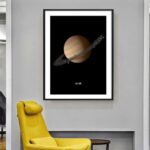 Framed poster of Saturn with detailed rings, perfect for science enthusiasts and educational decor in homes or classrooms.