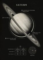 Detailed infographic of Saturn showing its rings, atmosphere, moon count, and other space data, ideal for educational purposes and science decor.