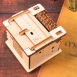 A detailed wooden puzzle box featuring intricate moving components and a hidden compartment, perfect for educational purposes and as a unique decorative item.