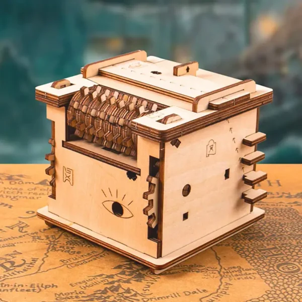 Mechanical Puzzle Box with Eye Design for Educational and Decorative Use.