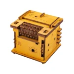 Enigma puzzle box made of wood with intricate mechanical lock and rotating dials, designed for brain teasers and educational purposes.
