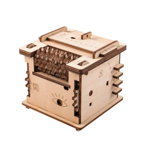 Intricate wooden mechanical puzzle box with gears and sliding components, ideal for educational and decorative purposes.